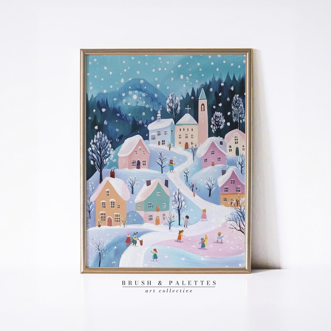 Whimsical Winter Village Snowy Church Charming Storybook Holiday Poster