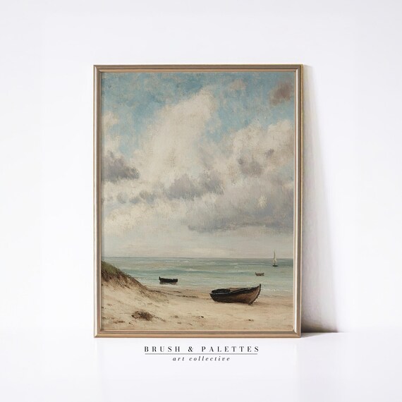 Vintage Beach With Fishing Boats Under Dramatic Cloudy Sky Seascape Poster
