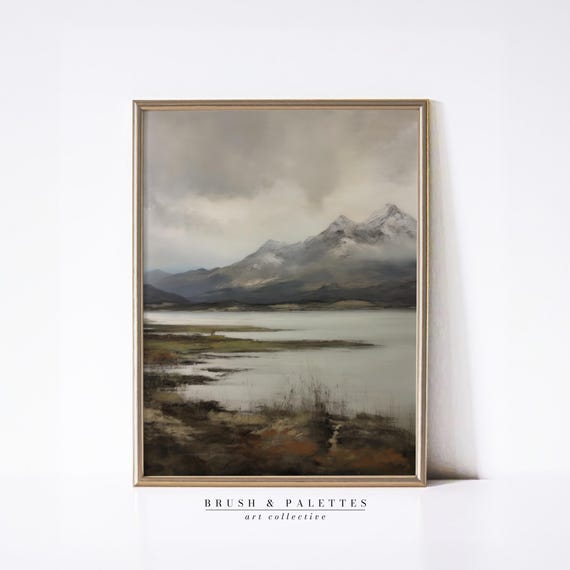Snowy Mountain Lake Art Print, Rustic Landscape
