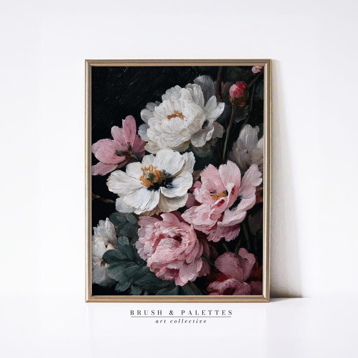 Vintage Pink White Peonies Art Print, Floral Still Life