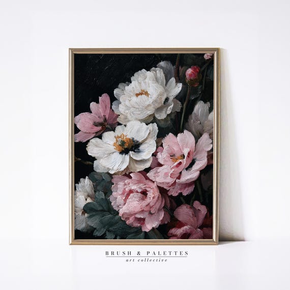 Vintage Pink White Peonies Art Print, Floral Still Life