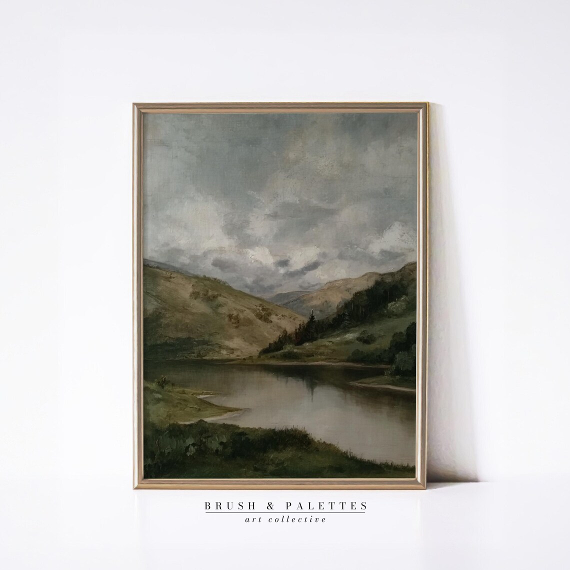 Moody Misty Mountain Lake Valley Serene Vintage Oil Painting Poster