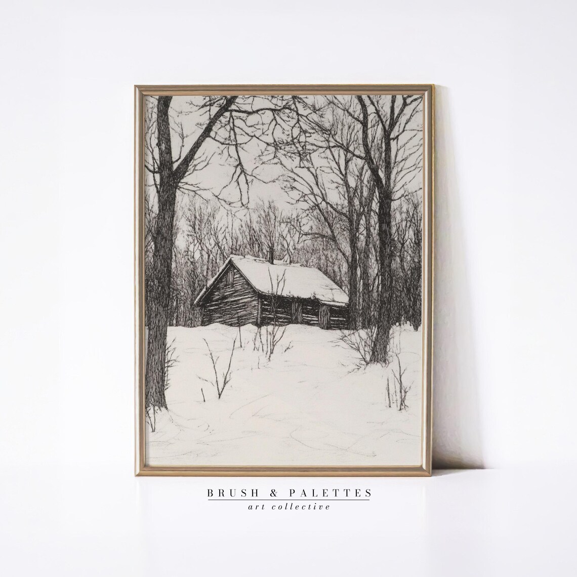 Rustic Winter Cabin Pencil Sketch Black White Snowy Forest Wall Art