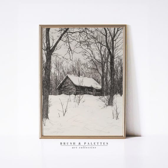 Rustic Winter Cabin Etching Vintage Black And White Landscape Snowy Forest Wall Art For Lodge Or Country Decor