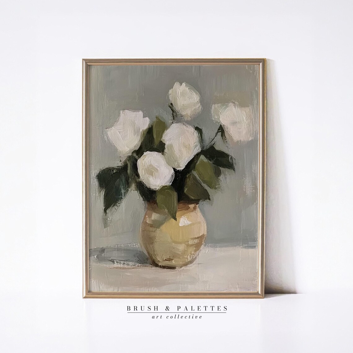 White Roses In Beige Vase Minimalist Still Life Floral Painting Poster