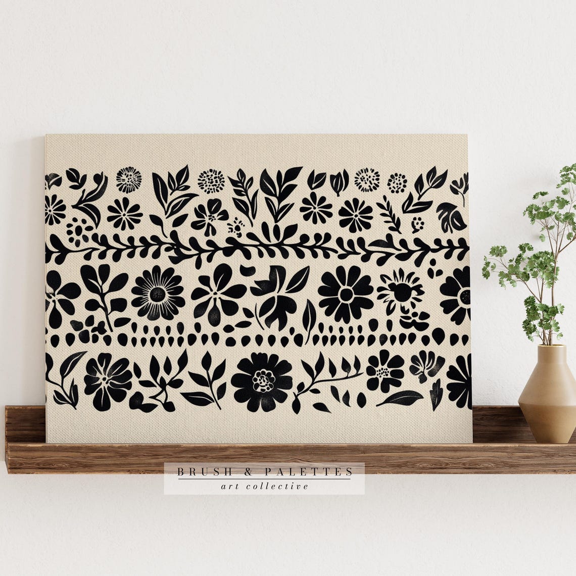 Black Cream Floral Pattern Folk Art Botanical Motif Design Poster