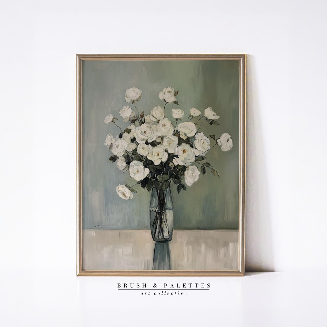 Vintage White Roses Still Life Painting Elegant Floral Bouquet Poster