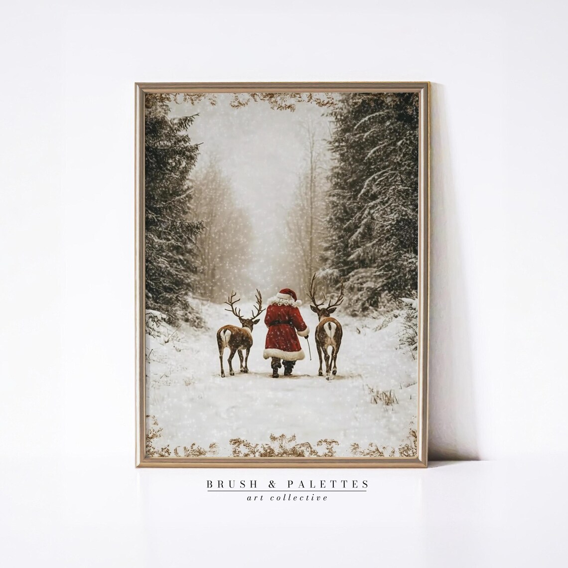 Vintage Santa Walking With Two Reindeer Through Snowy Forest Poster
