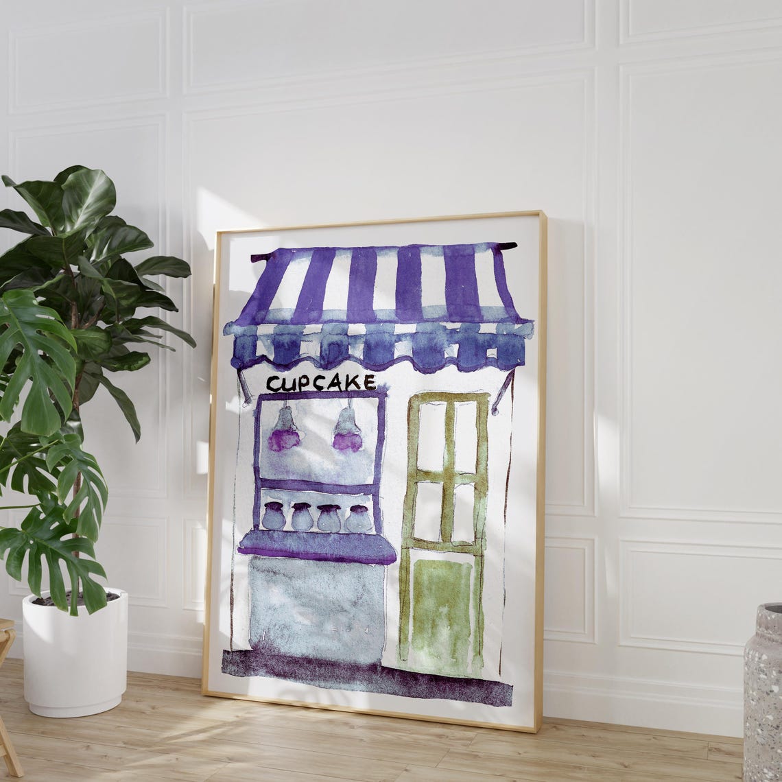 Cupcake Shop Watercolor Stand Purple Awning Green Door Bakery Wall Art - Image 3