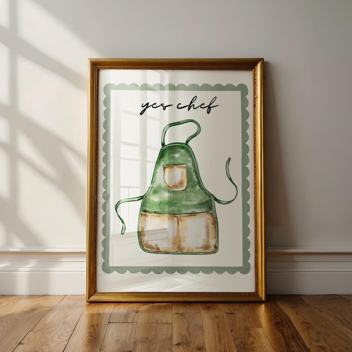 Yes Chef Green Apron Watercolor Kitchen Decor Cooking Wall Print - Image 2