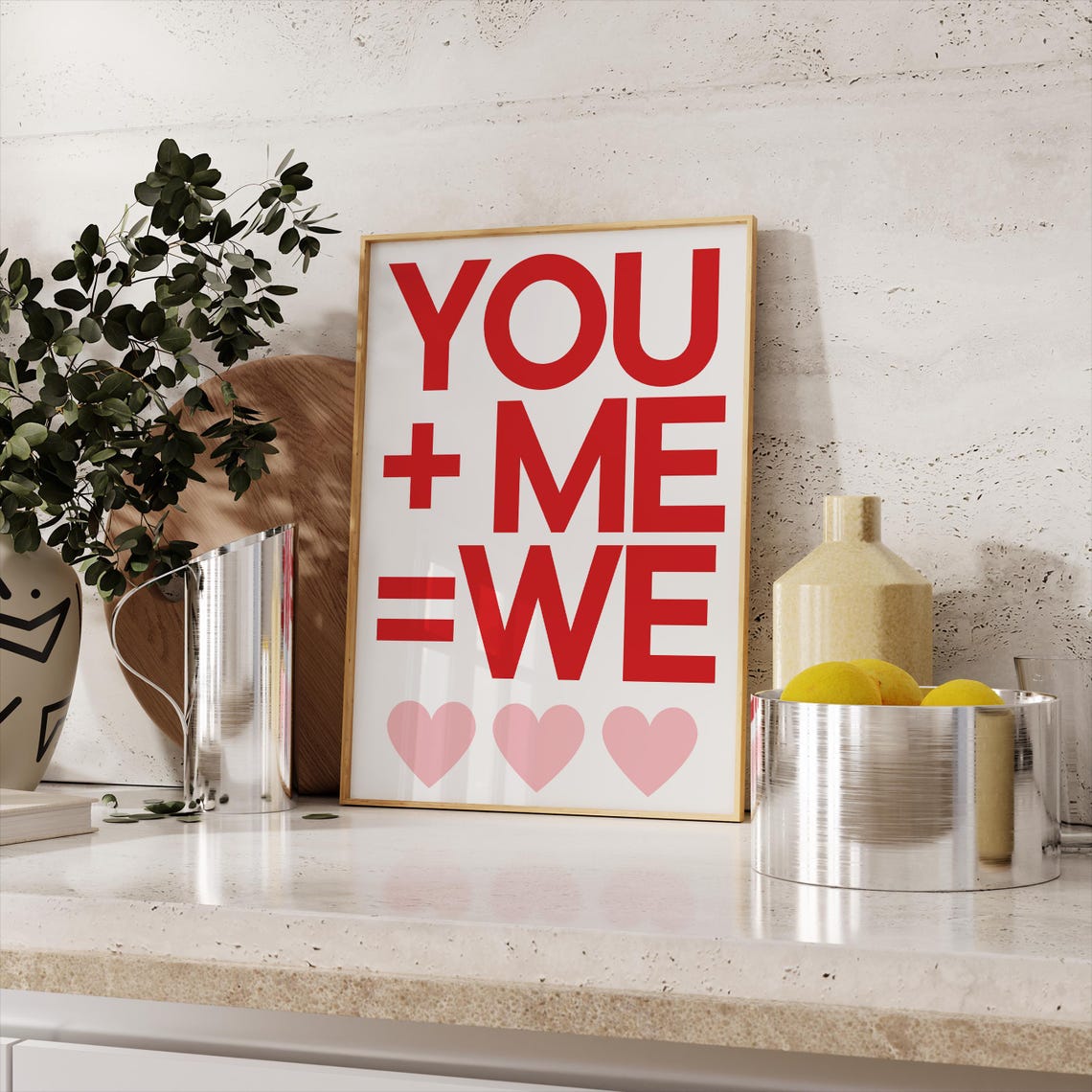 You Plus Me Equals We Red Sweet Love Heart Typography Wall Poster - Image 3