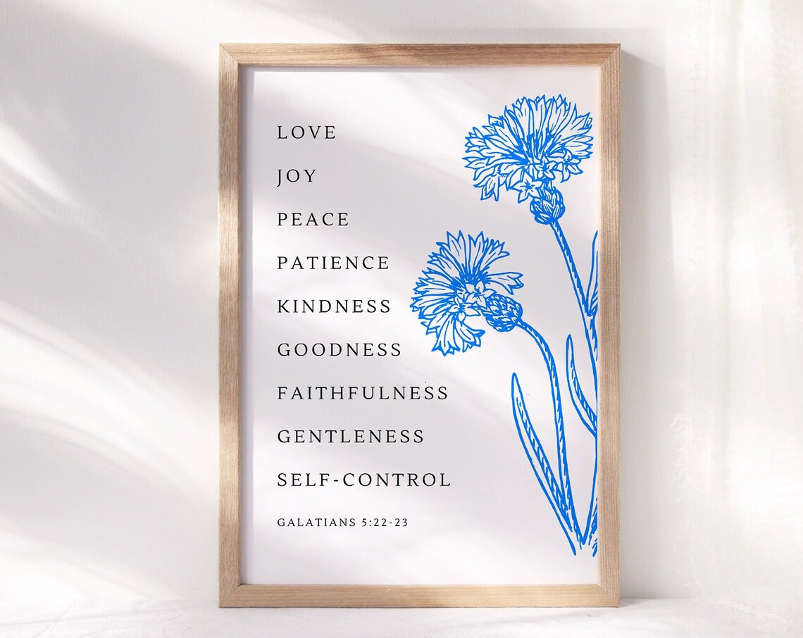 Fruit of the Spirit Galatians 5 Blue Floral Christian Scripture Poster
