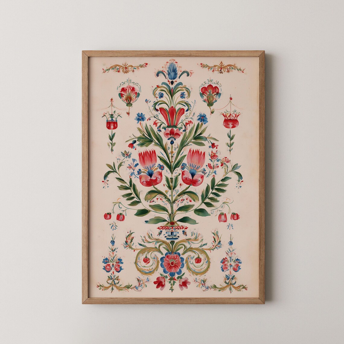 Nordic Folk Floral Watercolor Symmetric Botanical Scandi Art Print