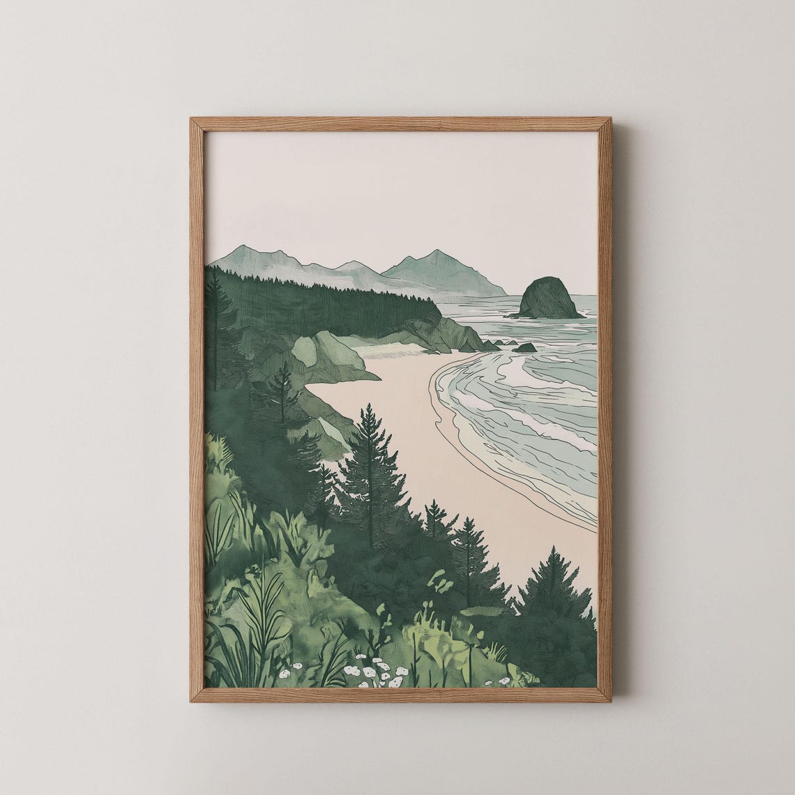 Pacific Northwest Sea Stack Coastline Art Print Green Beach Wall Decor