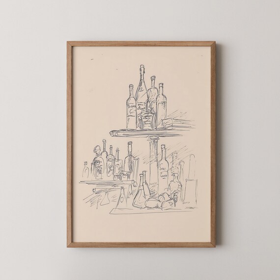 Minimalist Cocktail Bar Bottles Line Sketch Beige Framed Wall Art