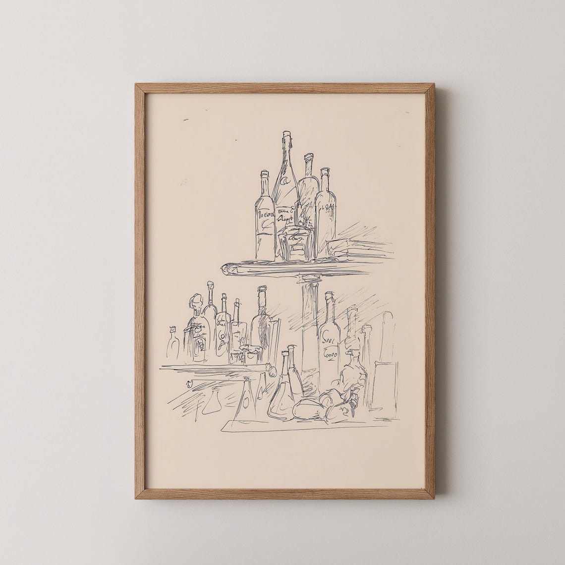 Minimalist Cocktail Bar Bottles Line Sketch Beige Framed Wall Art