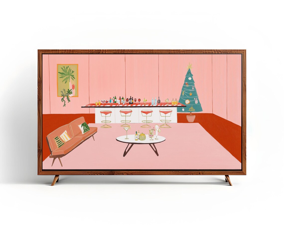 Midcentury Pink Christmas Living Room Holiday Bar Scene Poster