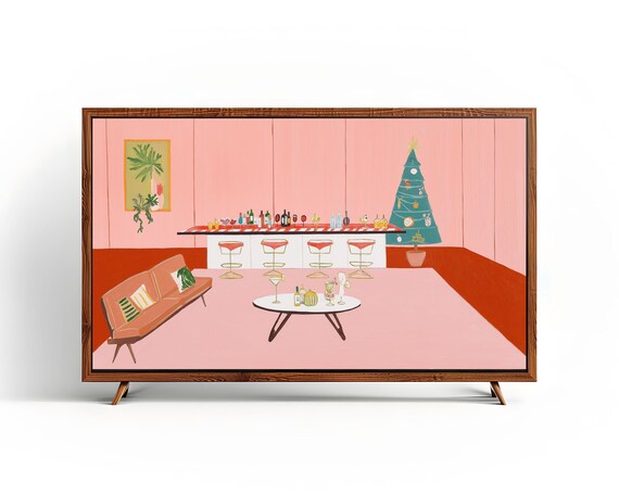 Midcentury Pink Christmas Living Room Holiday Bar Scene Poster
