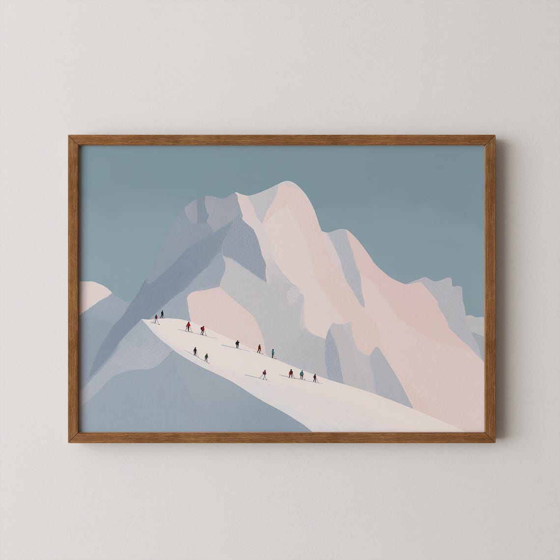 Minimalist Snow Mountain With Skiers Pastel Winter Landscape Print