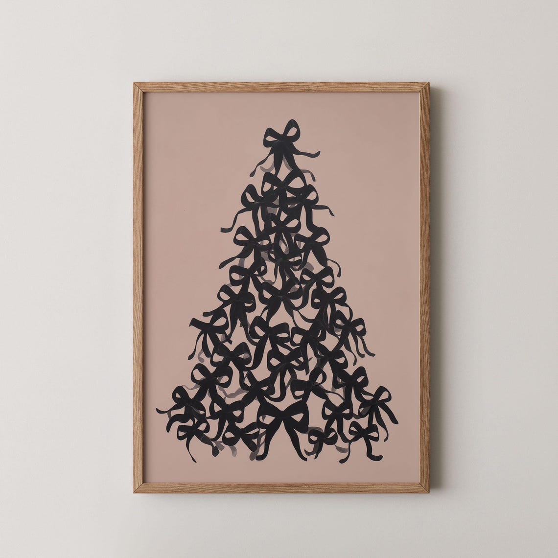 Black Bow Christmas Tree Art Print with Coquette Holiday Bows on Blush