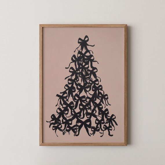 Black Bow Christmas Tree Art Print with Coquette Holiday Bows on Blush