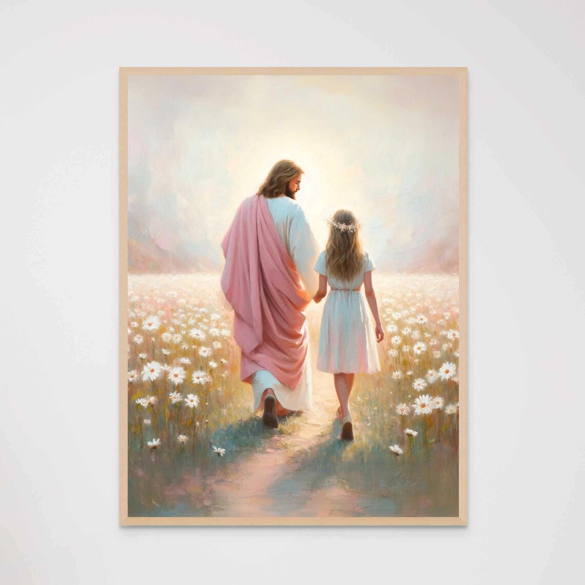 Jesus and Girl Walking Through Daisy Field in Soft Light Poster