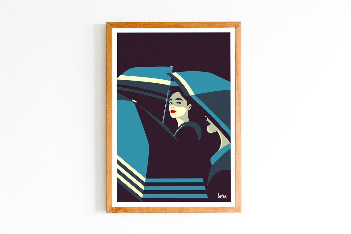 Stylish Woman With Blue Umbrella Minimalist Illustration Poster