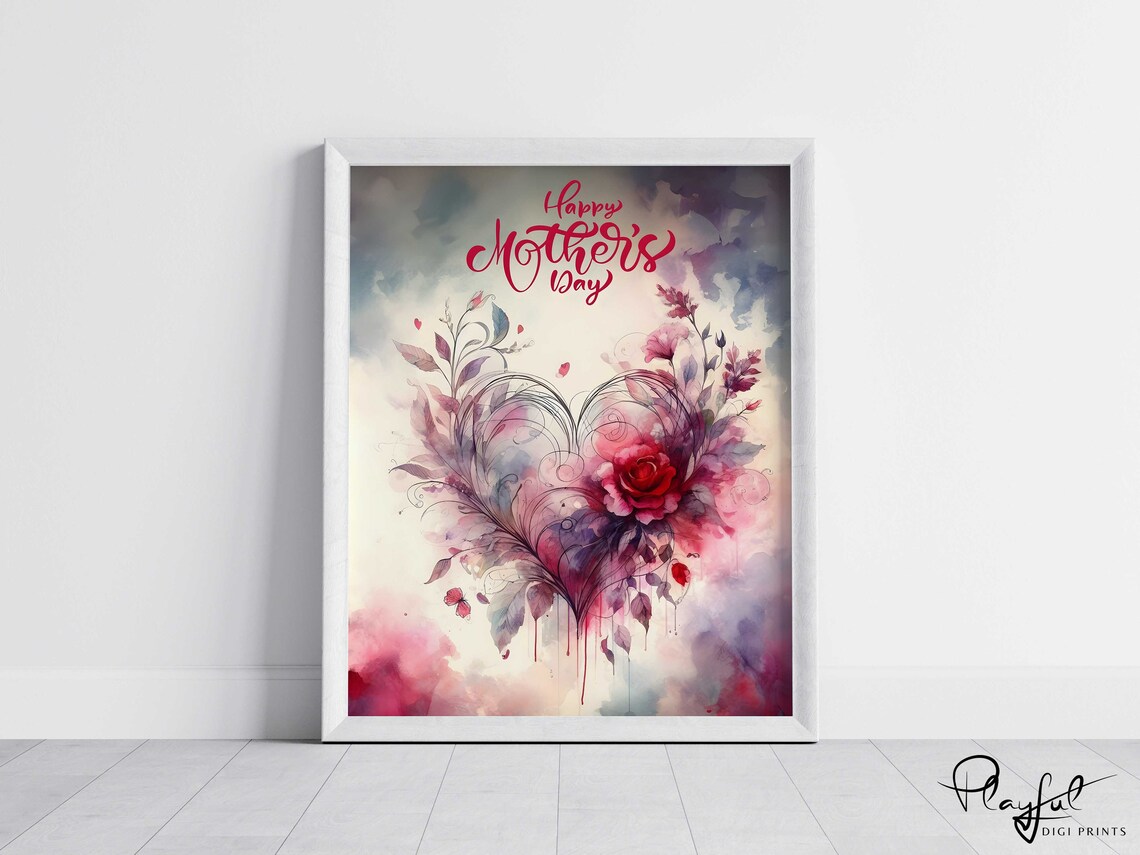 Happy Mothers Day Watercolor Heart Rose Painting Gift for Mom Poster - Image 3