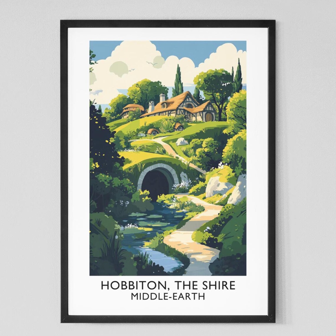 Hobbiton The Shire Middle Earth Round Door Cottage Bridge Vintage Poster