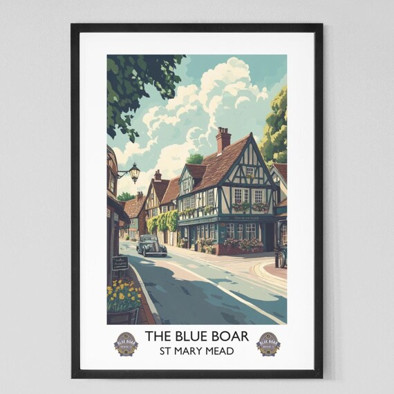Blue Boar Pub St Mary Mead Village Street Vintage Car Classic Poster