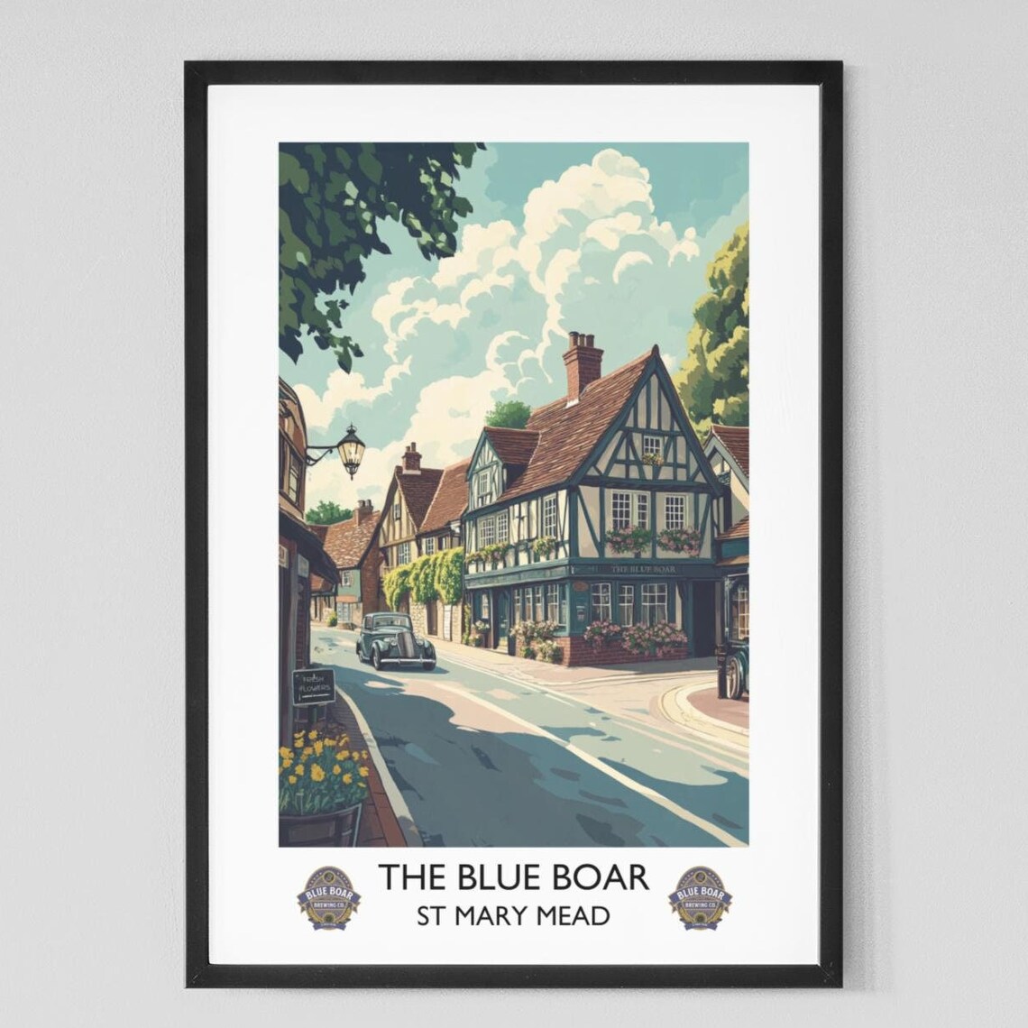 Blue Boar Pub St Mary Mead Village Street Vintage Car Classic Poster
