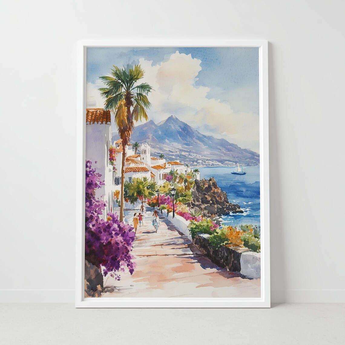 Tenerife Canary Islands Coastal Village Watercolor Travel Poster