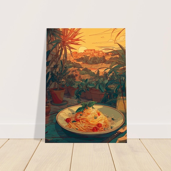 Italian Sunset Pasta Poster Mediterranean Dinner Art Print Cozy Kitchen Wall Romantic Italy Home Decor Illustration