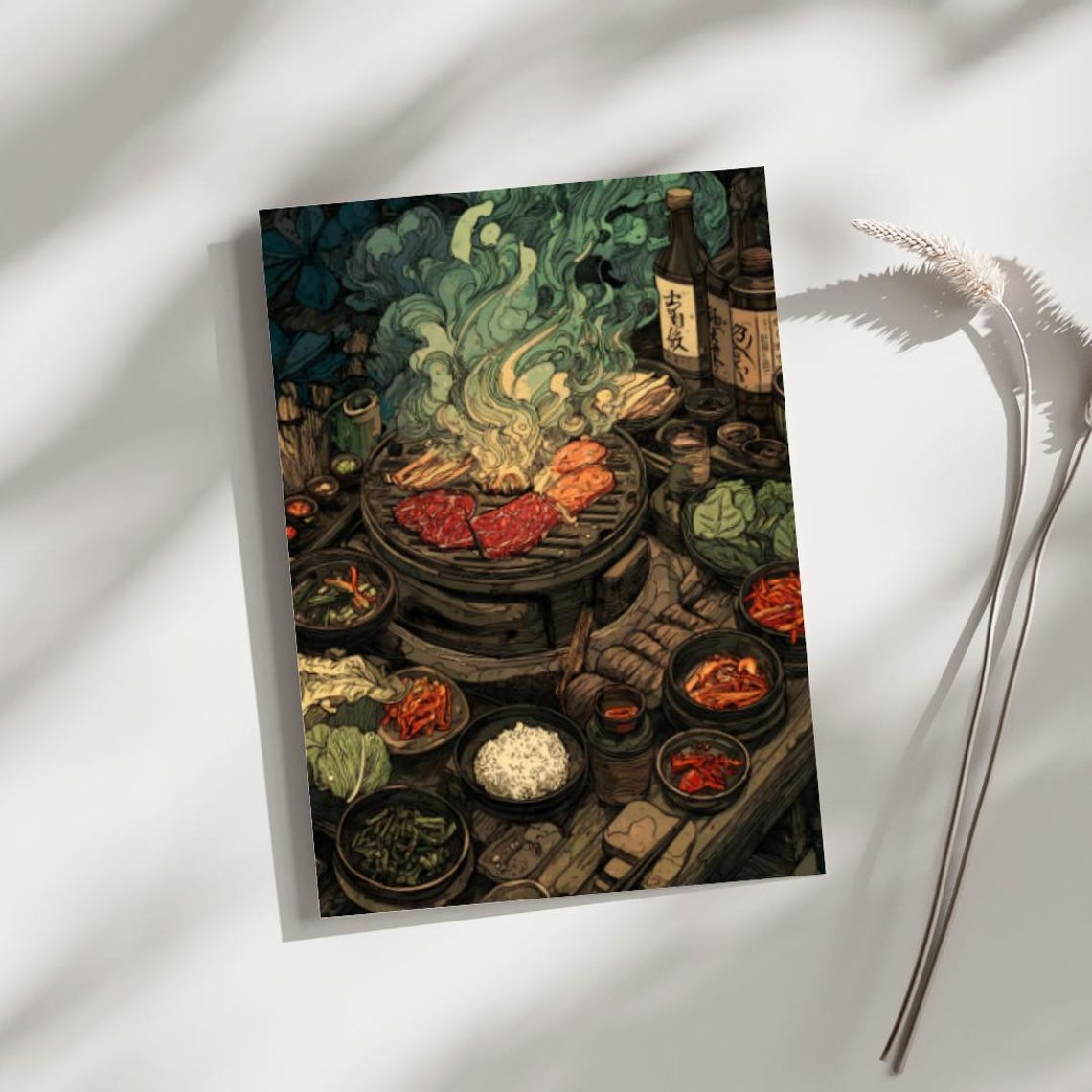 Korean Bbq Poster Asian Food Wall Art Print Traditional Grill Dinner Illustration Cozy Kitchen Decor