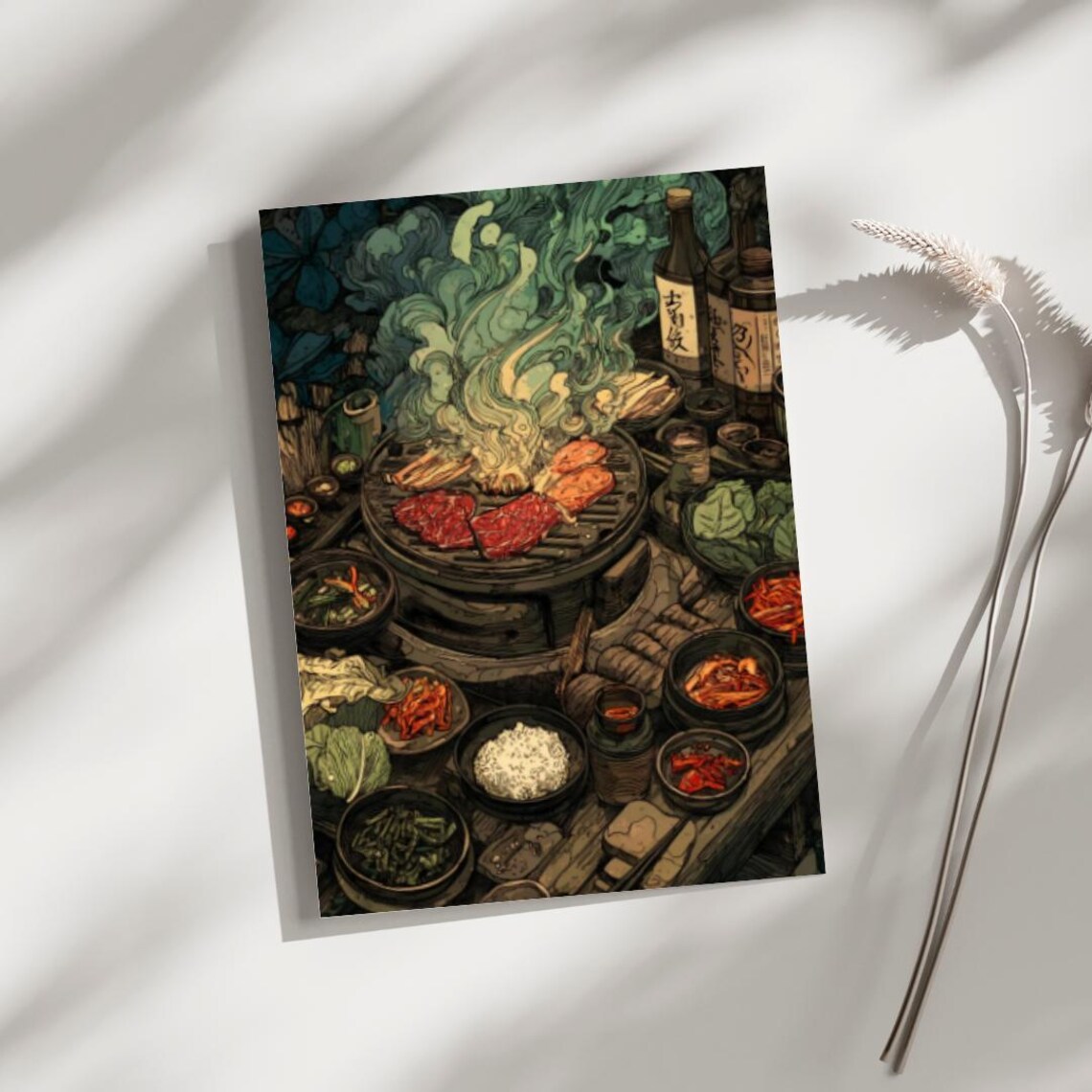 Korean BBQ Traditional Grill Feast Moody Asian Dinner Illustration Poster