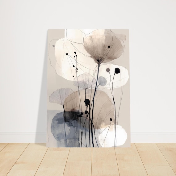 Modern Abstract Botanical Line Art Beige Neutral Floral Wall Art