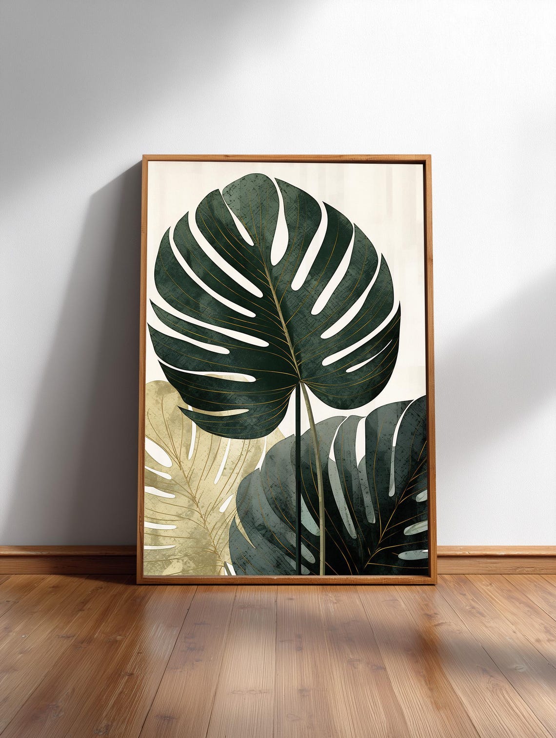 Green Gold Monstera Japandi Botanical Print