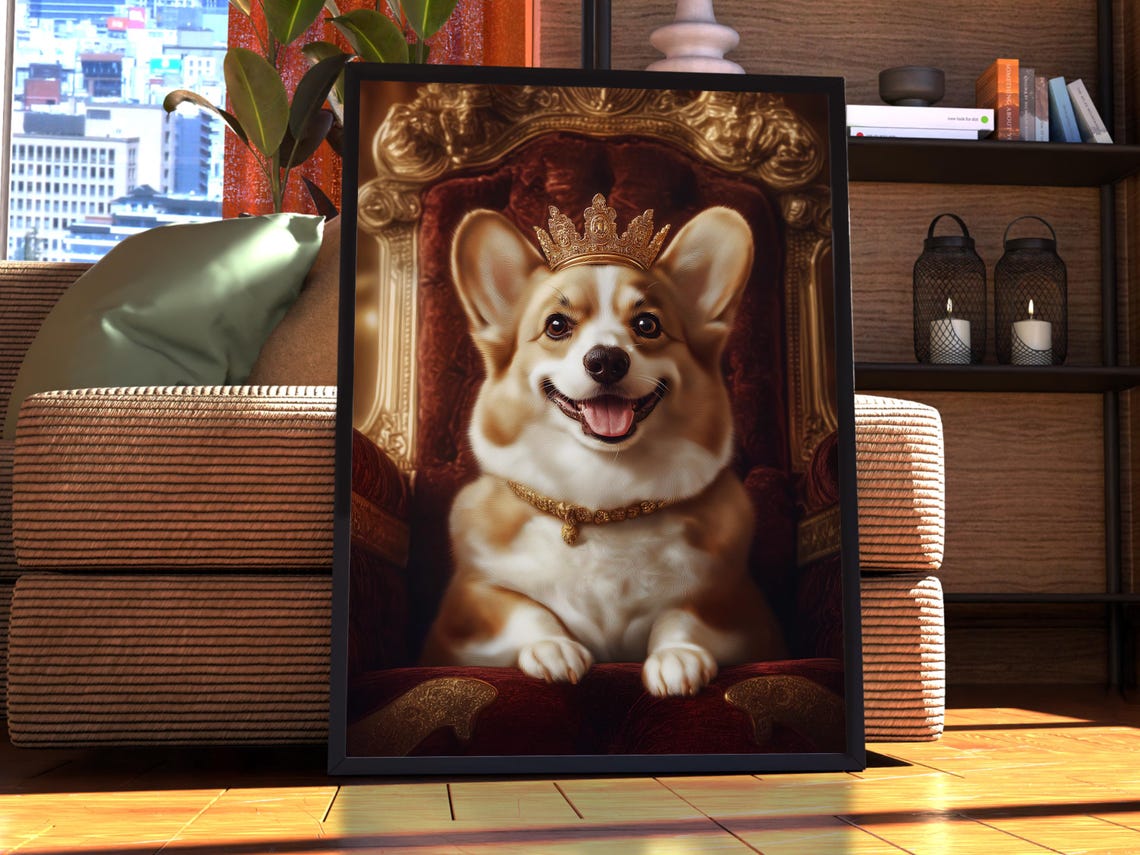 Corgi Dog Royal Crown Red Throne Happy Portrait Funny Wall Art