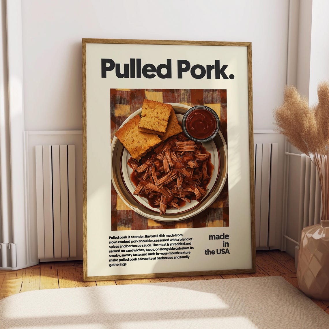 Pulled Pork BBQ Plate With Cornbread Illustration Food Poster