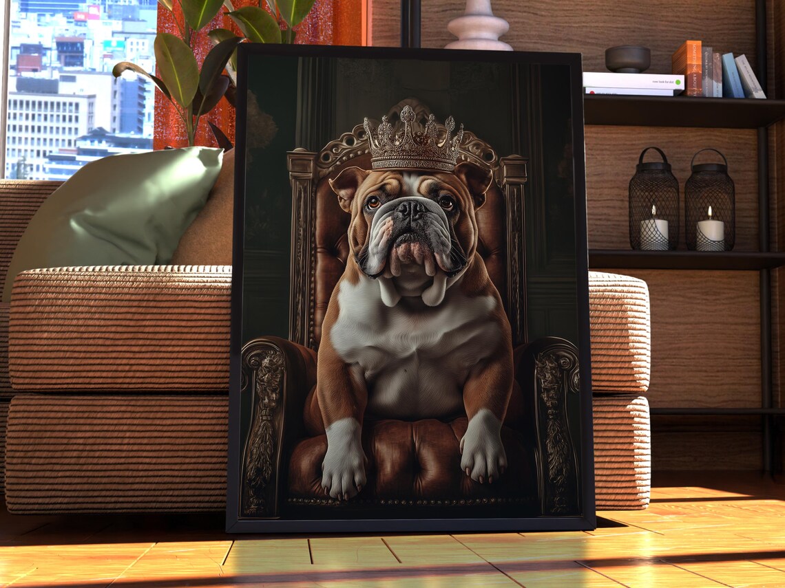 Crowned English Bulldog on Royal Throne Funny Royal Dog Wall Art