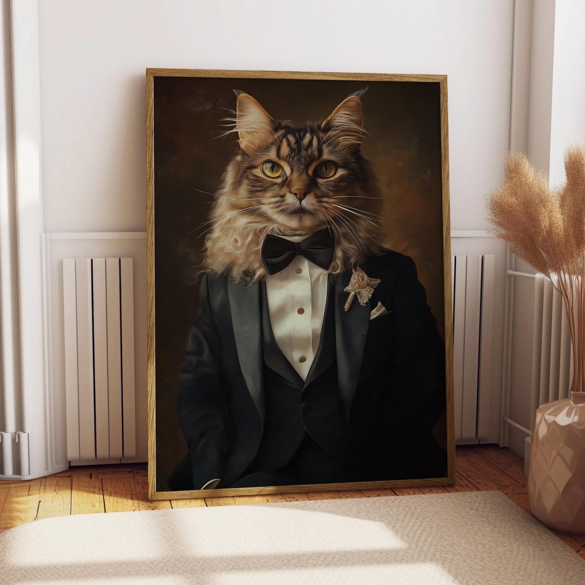 Long Haired Tabby Cat in Tuxedo with Bow Tie Formal Portrait Poster