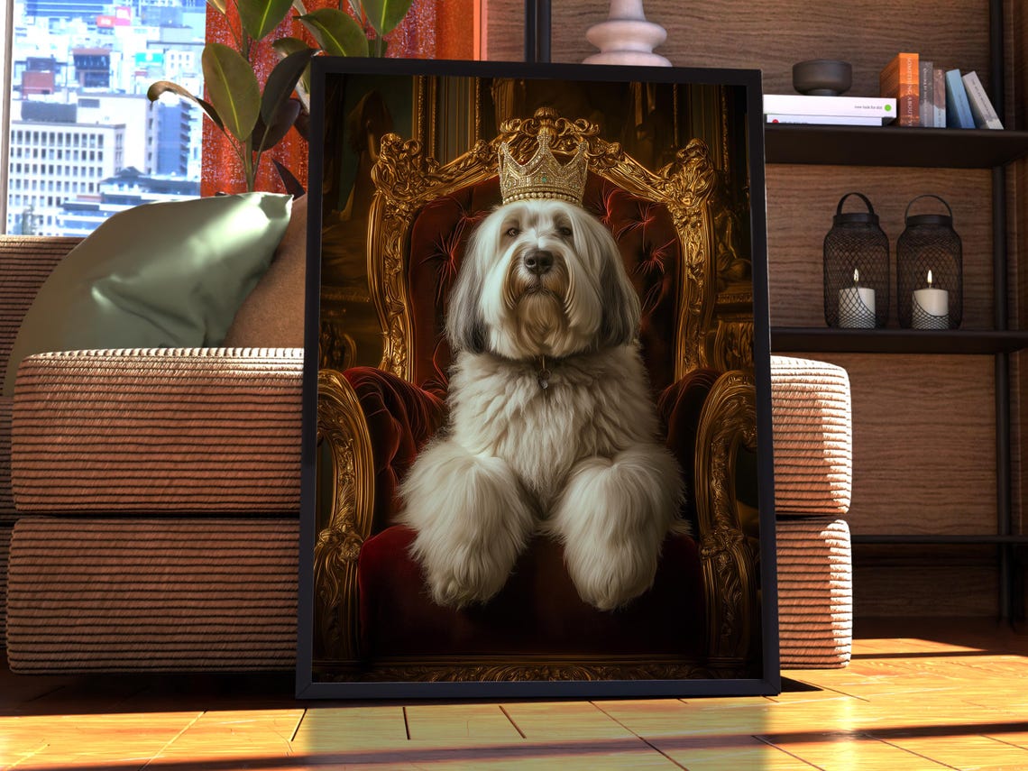 Bearded Collie Royal Crown Throne Dog Portrait Funny Wall Art