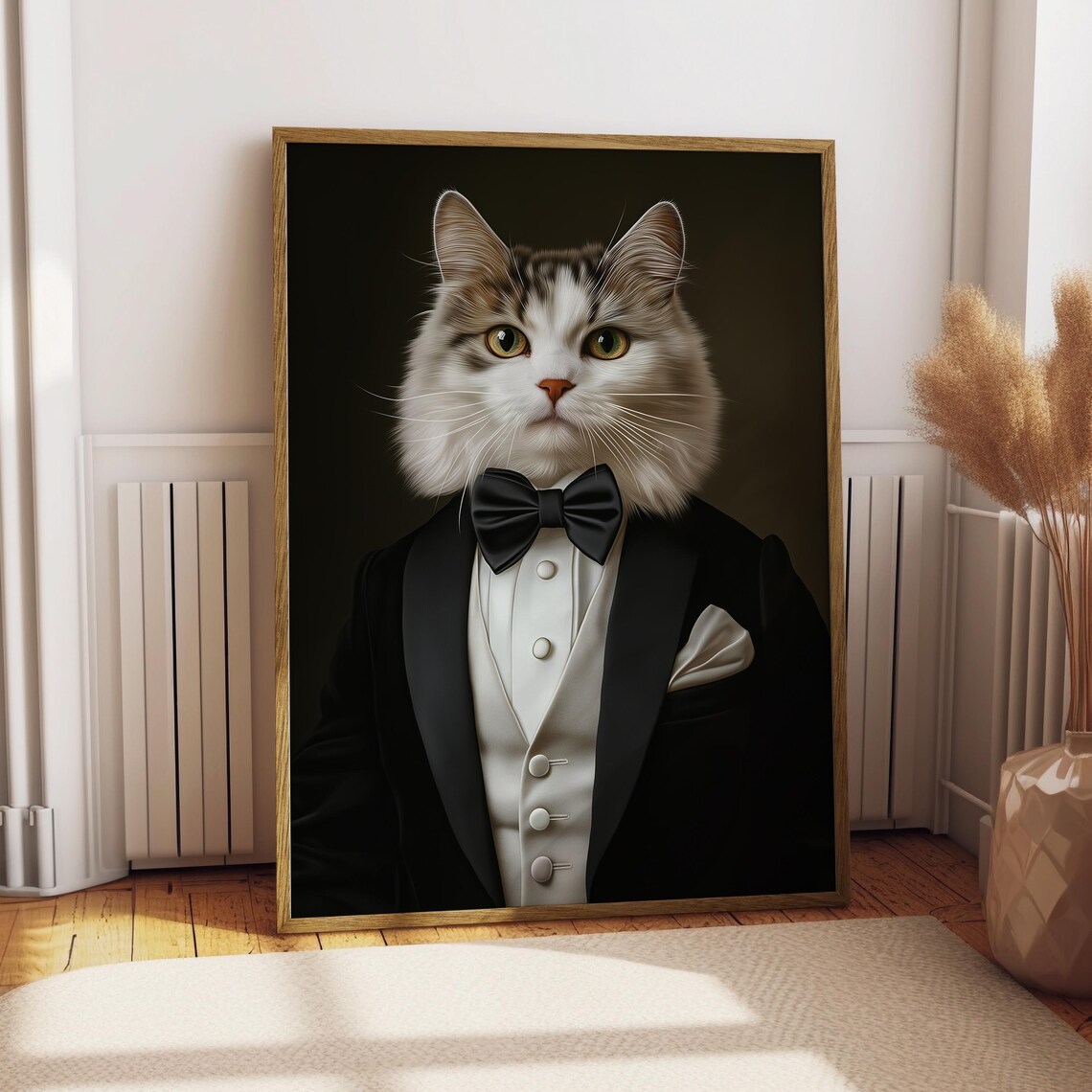 Turkish Van Cat in Black Tuxedo Portrait Print Bow Tie Gentleman Pet