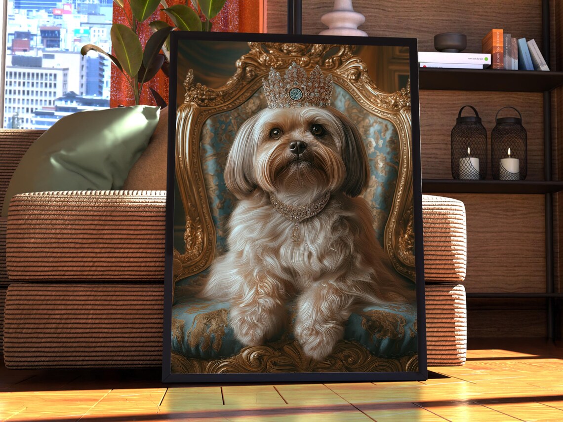 Lhasa Apso Royal Portrait Jeweled Tiara Gold Throne Cute Dog Poster