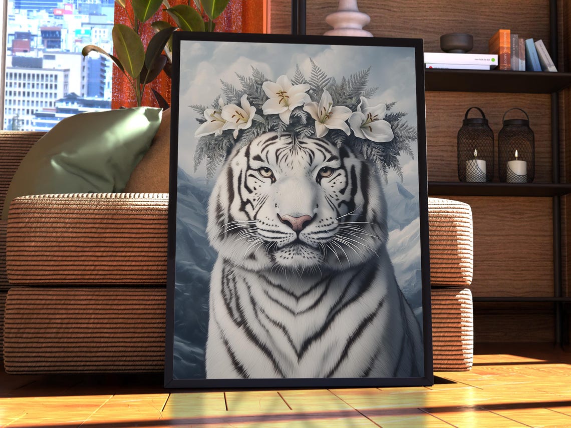 White Tiger with Floral Crown Wildlife Portrait Animal Poster