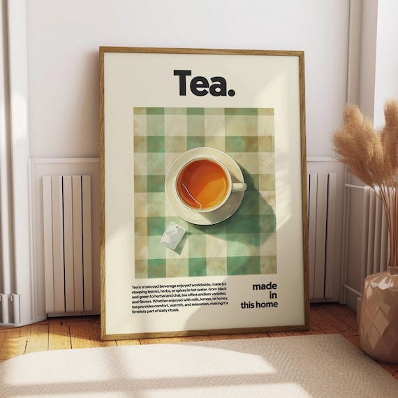 Tea Kitchen Wall Decor Vintage Teacup Flat Lay Gingham Art Poster