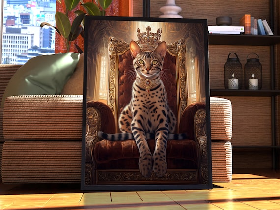 Egyptian Mau Royal Portrait Poster Spotted Crowned Cat on Velvet Throne