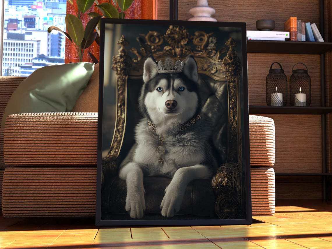 Crowned Siberian Husky on Royal Throne Blue Eyed Dog Art Poster