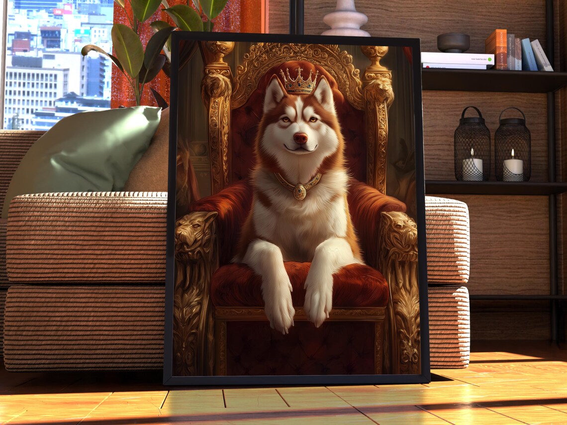Red and White Husky Royal Crown Velvet Throne Dog Portrait Poster