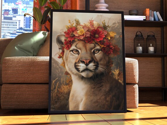Maximalist Mountain Lion Poster Floral Animal Print Wall Art Portrait Vintage Funky Colourful